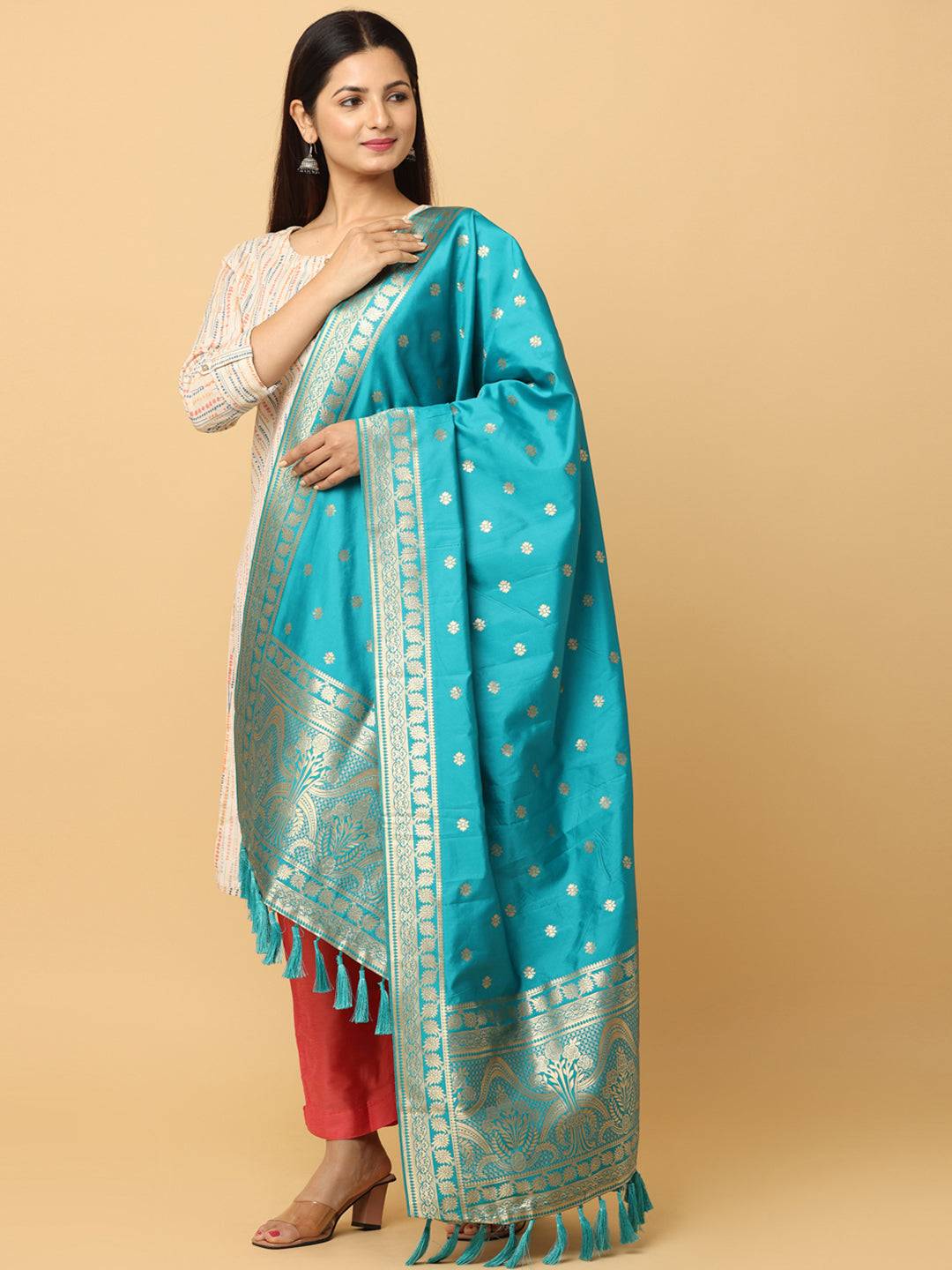Elegant turquoise dupatta with woven design and tassels
