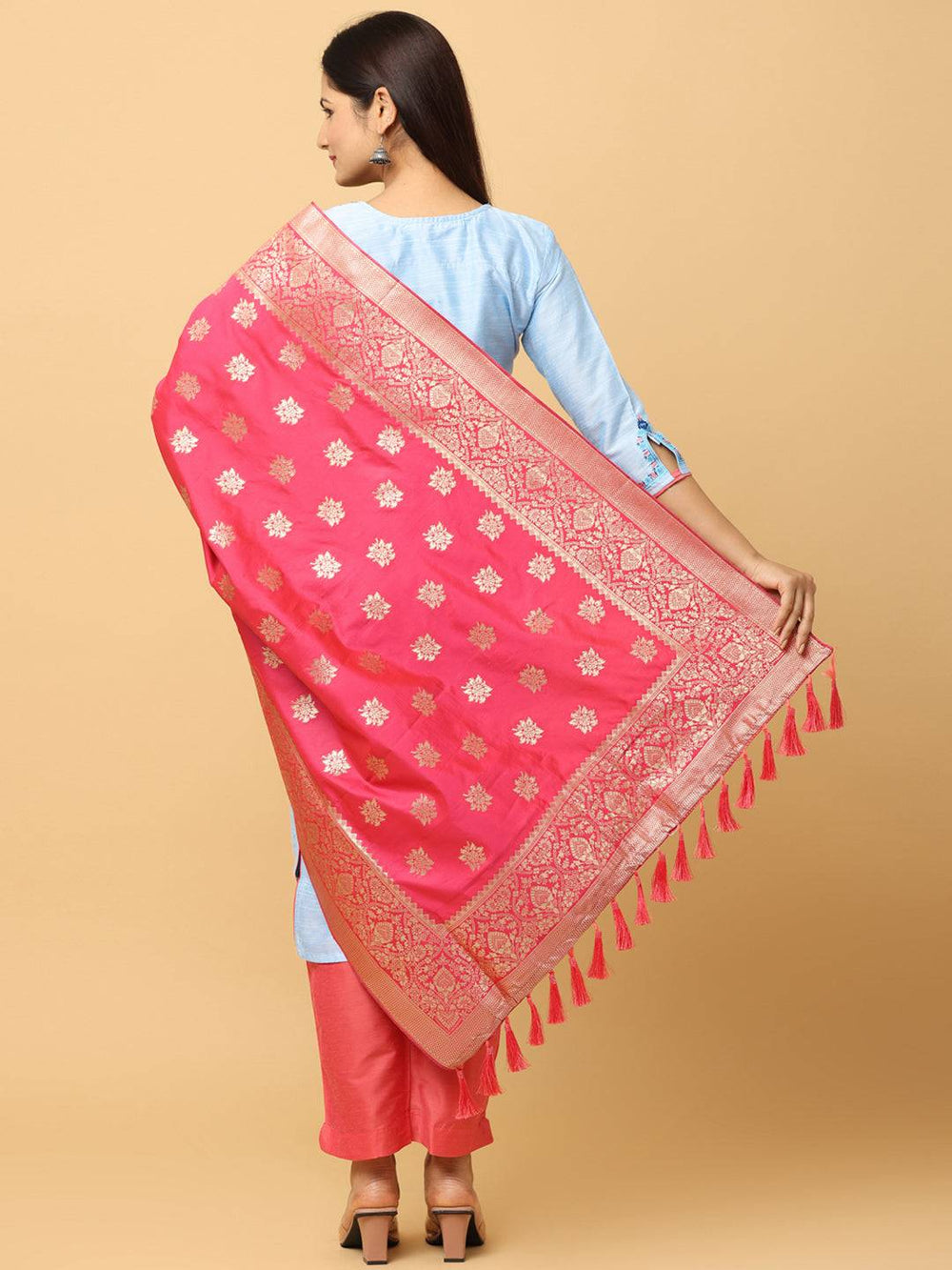 Back view of silk blend rani dupatta with tassels