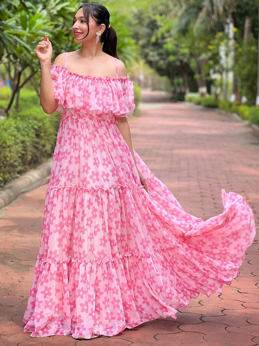 Serene Rosette Flower Dress in pink with ruffle neck