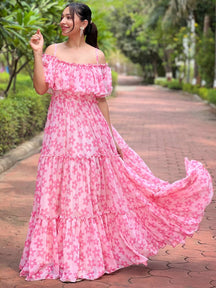 Serene Rosette Flower Dress in pink with ruffle neck