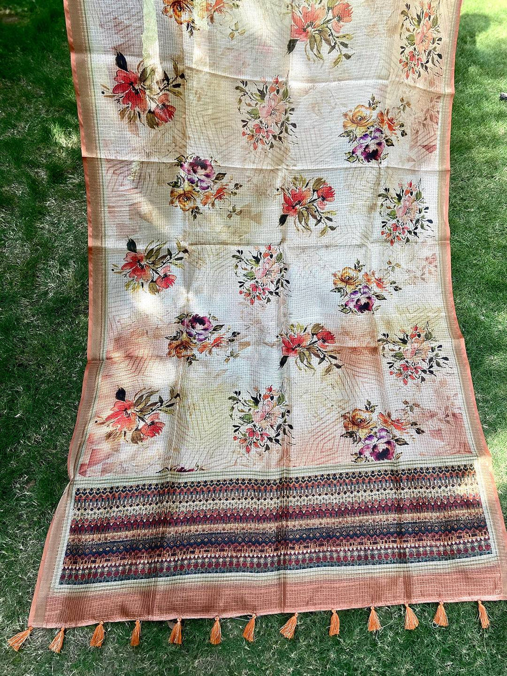 Peach Colour Soft Kota Doriya Silk Saree With Flower Print
