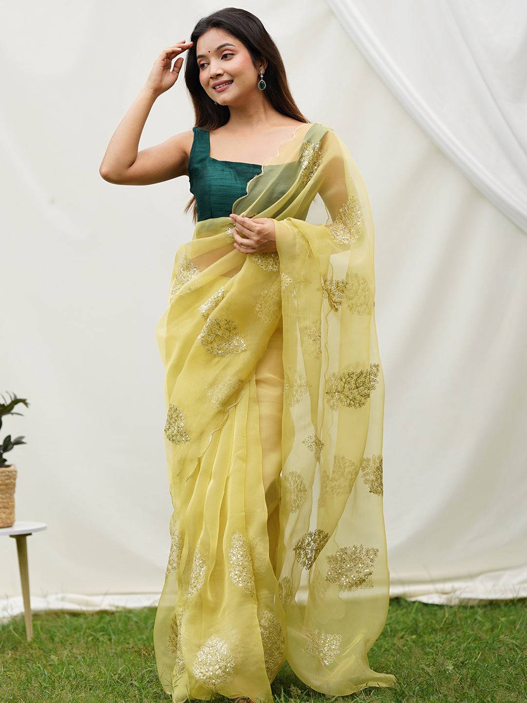 Yellow Soft Organza Silk Saree With Embroidery Sequence Work