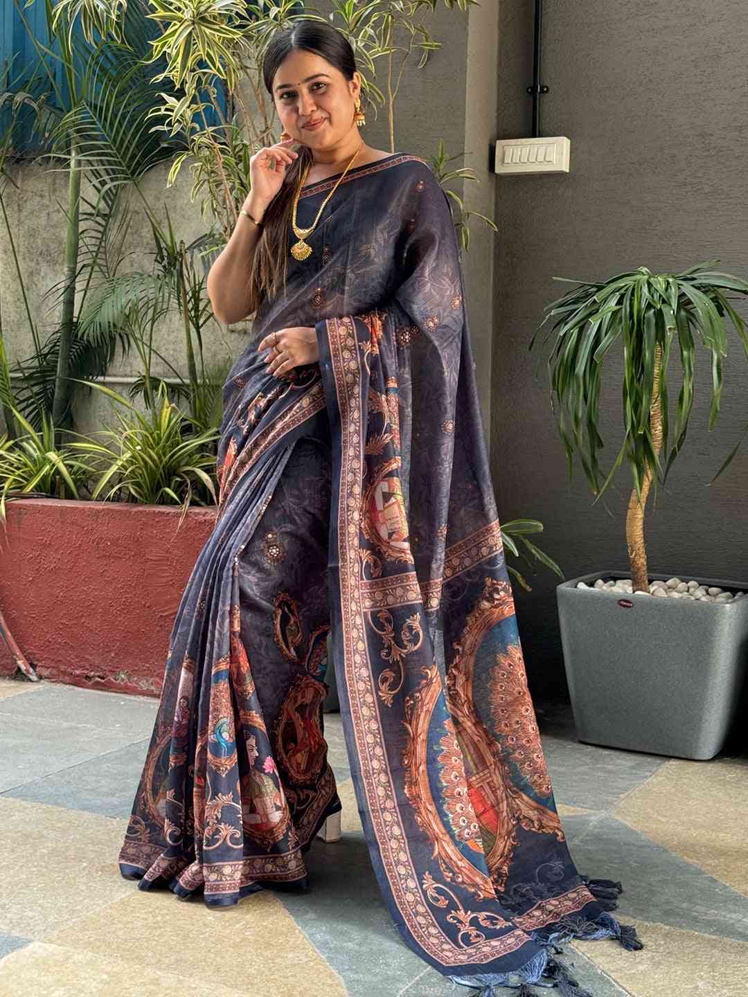 Exclusive Blue Colour Linen Saree with Digital Print