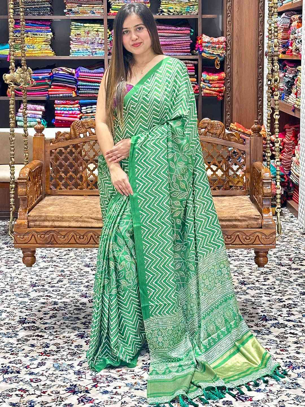 Elegant Manipuri silk saree in green with foil print patterns