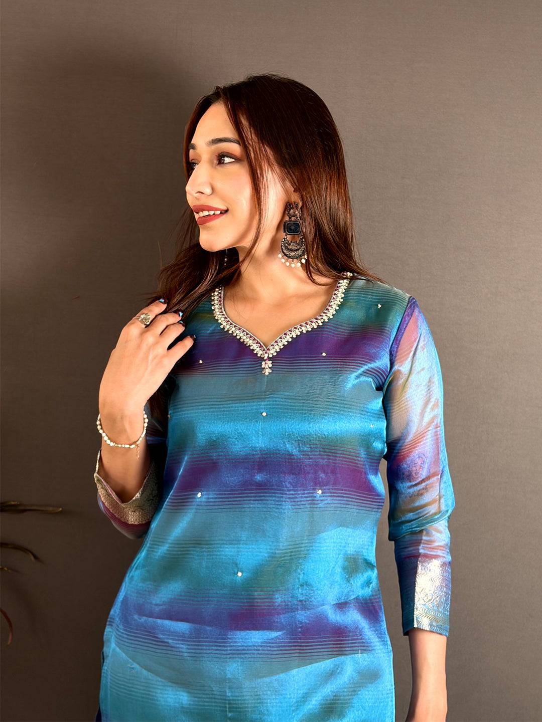 Classic Tissue Silk Paan Neck Kurti