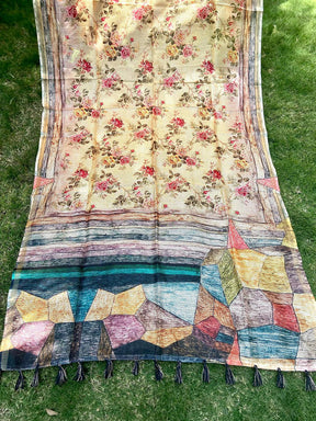 Cream Kota Doriya Silk Saree With Flower & abstect Prints