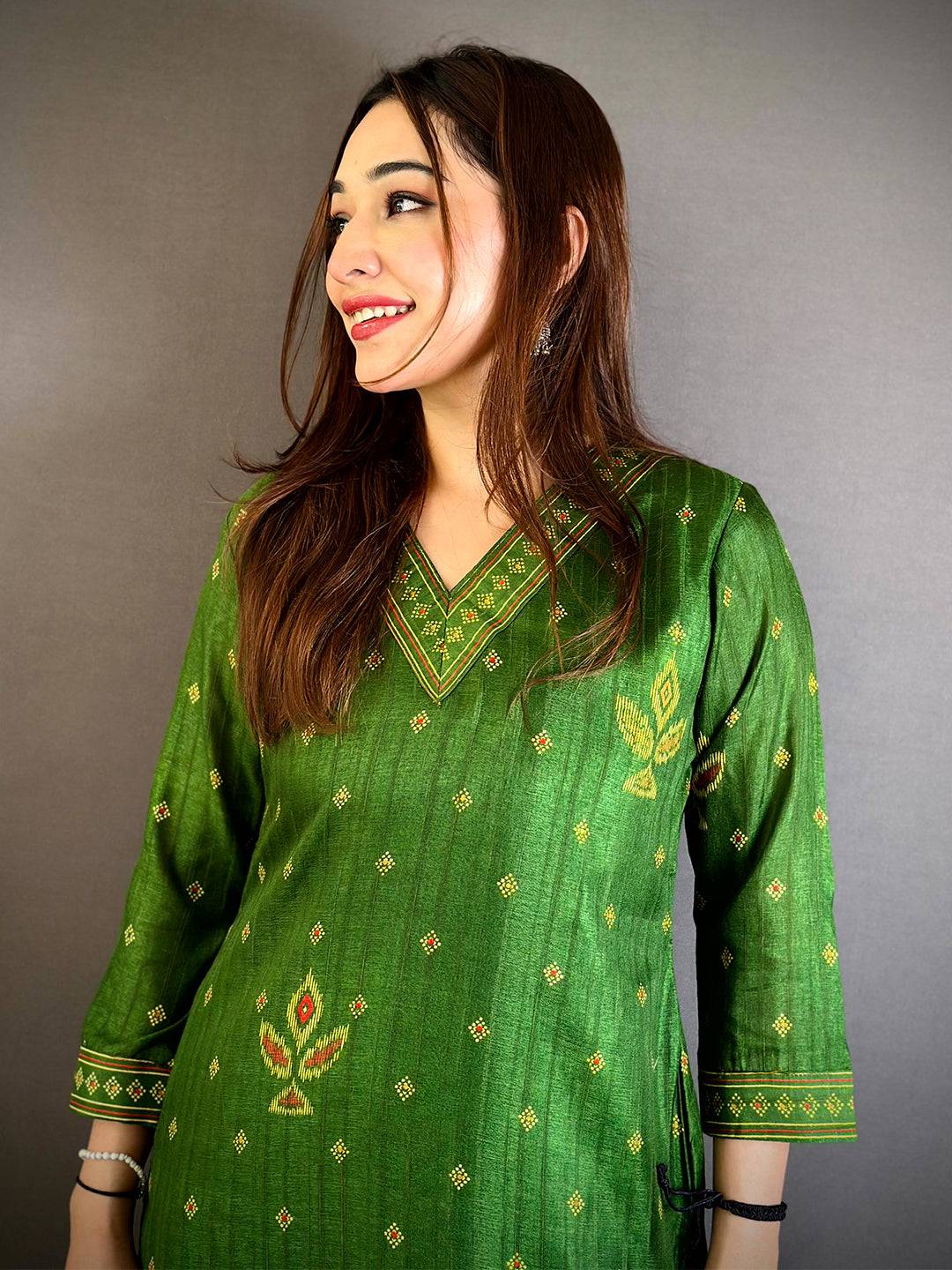 Graceful V Neck Tussar Ghicha Ethnic Kurti