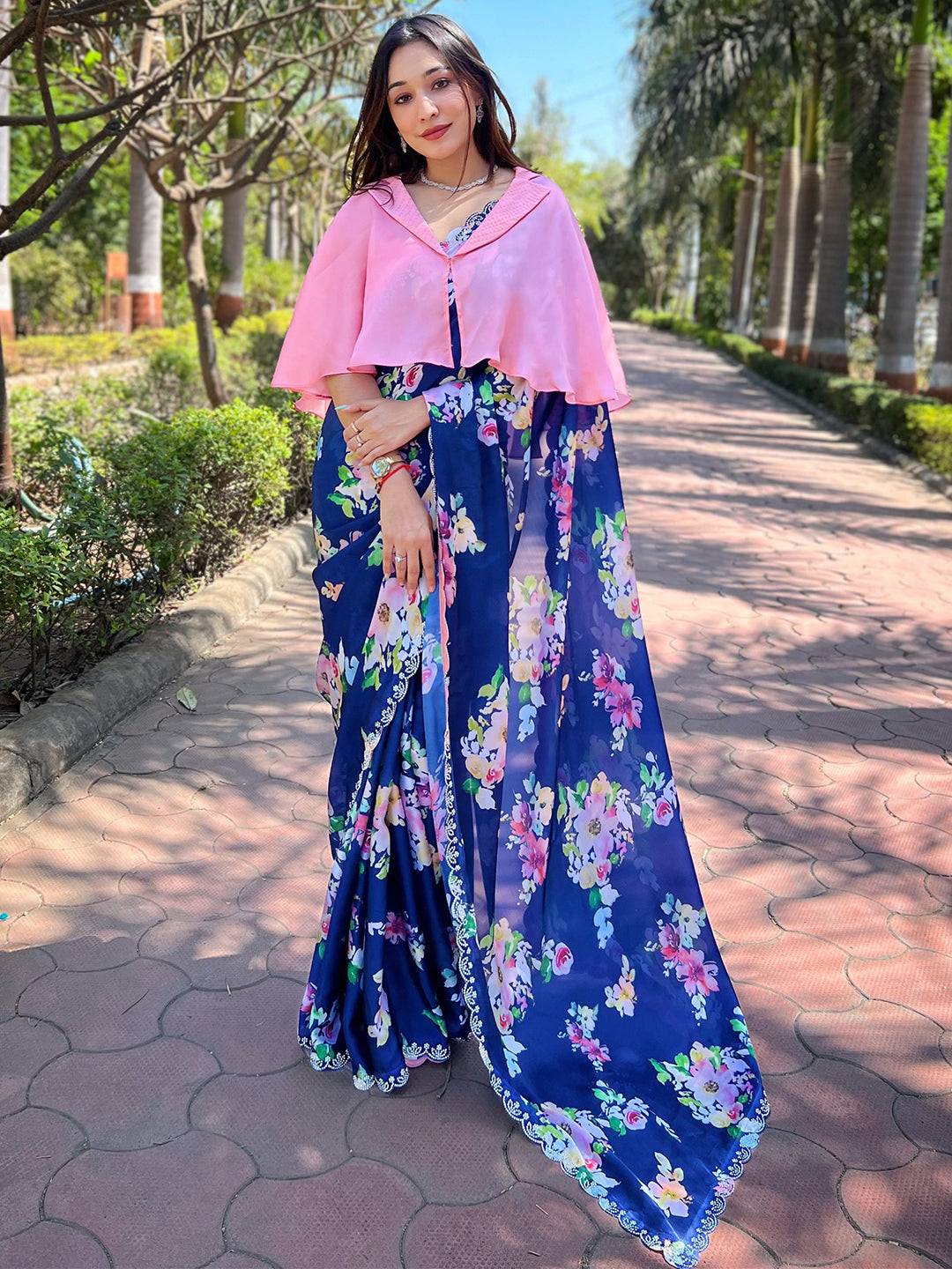 Party wear navy floral saree with pink blouse