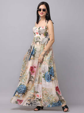 Flowy multi color dress with floral and text print