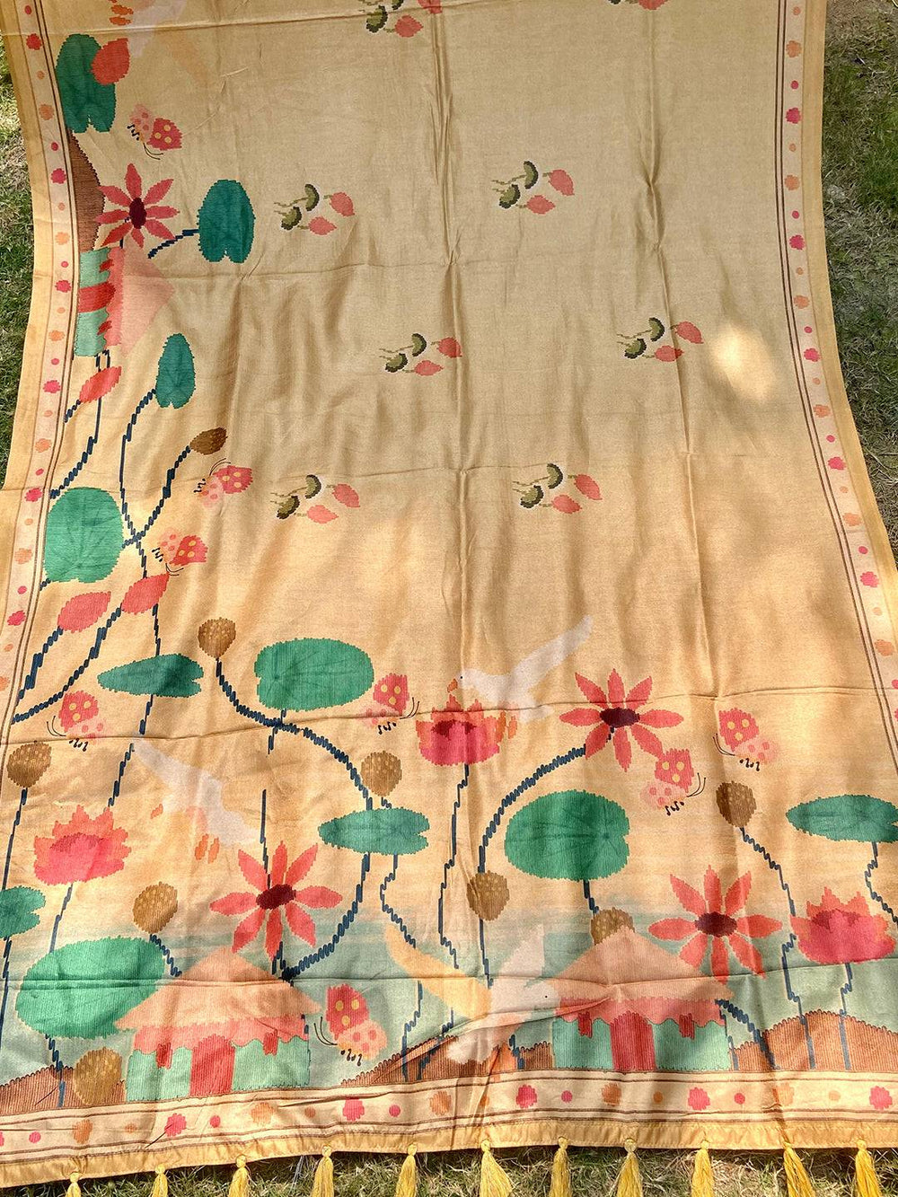 Full View of Gold Tussar Silk Saree with Freehand Ikkat Print