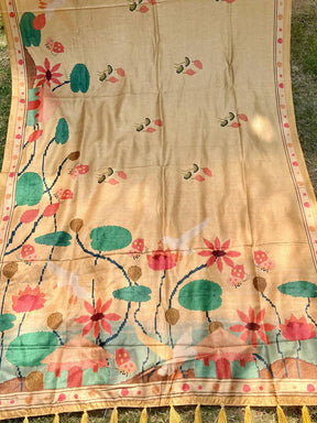 Full View of Gold Tussar Silk Saree with Freehand Ikkat Print