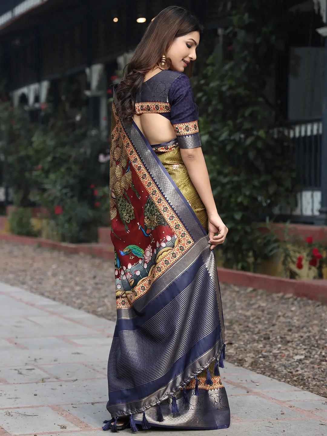  Olive Colour Viscose Dola Silk Saree with Pichwai Print