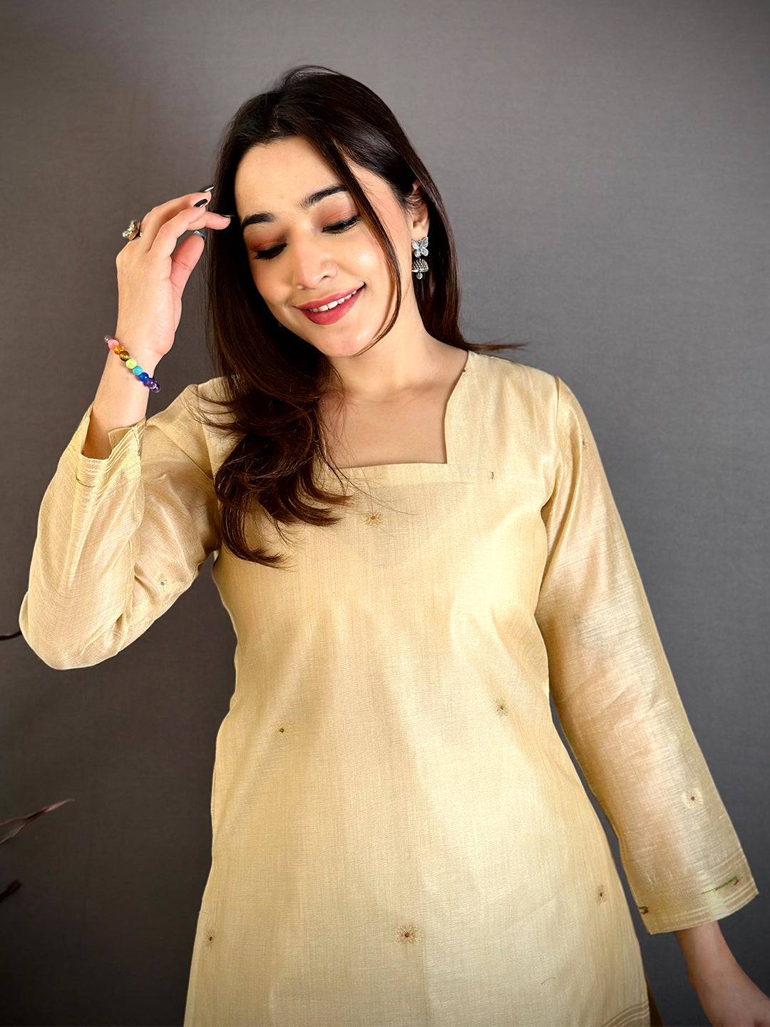 Classic Beige Floral Weave Dress