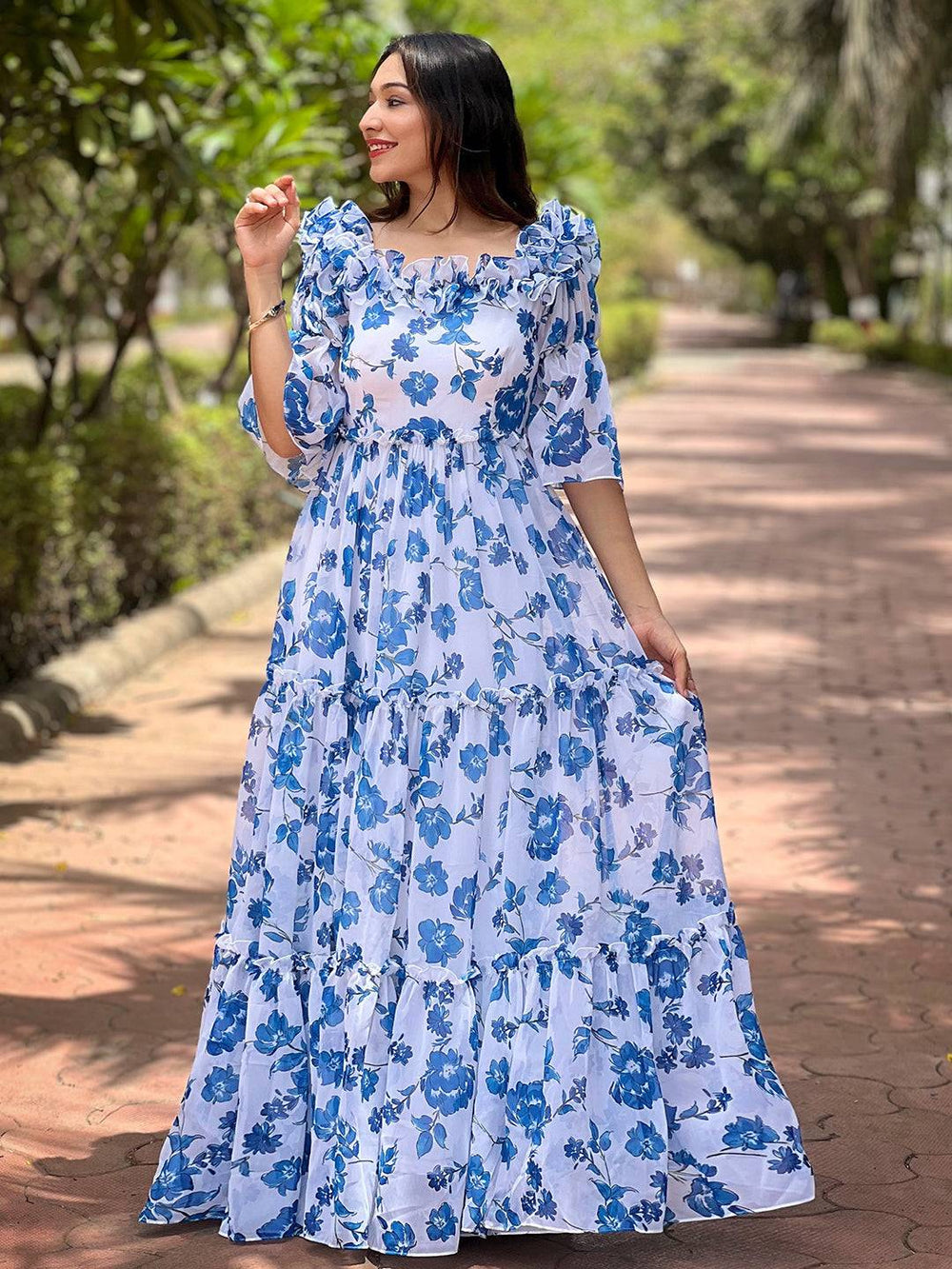 White Jasmin floral dress with frill neckline outdoors