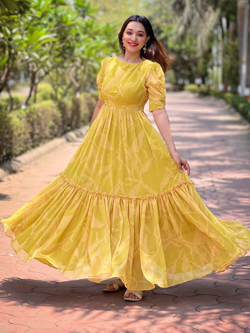 Lime yellow abstract print dress with flowing skirt