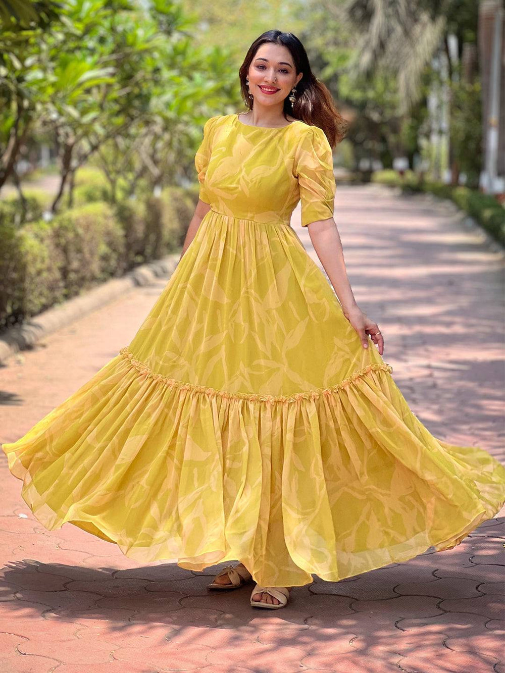 Lime yellow abstract print dress with flowing skirt
