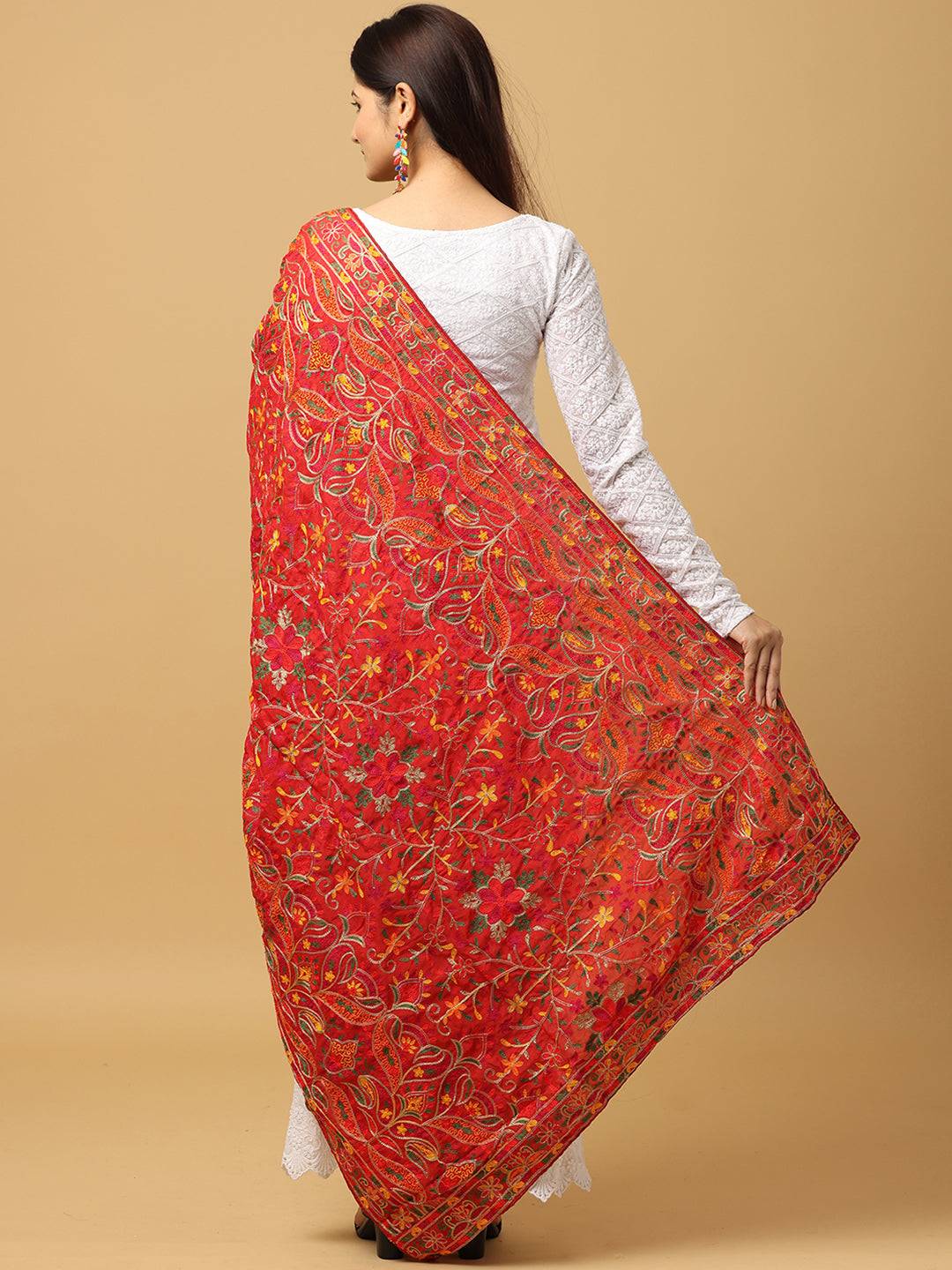 Red Poly Chiffon Pashmina Threadwork Dupatta