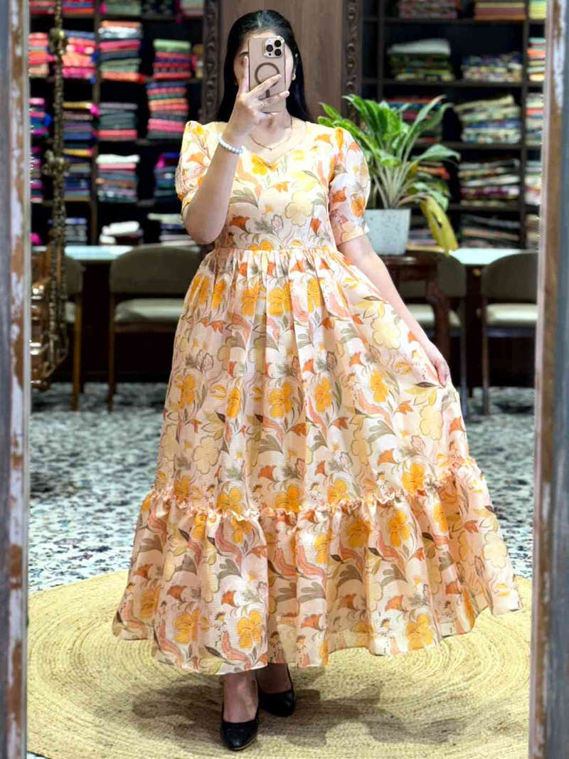 Light Yellow Floral Print Midi Dress