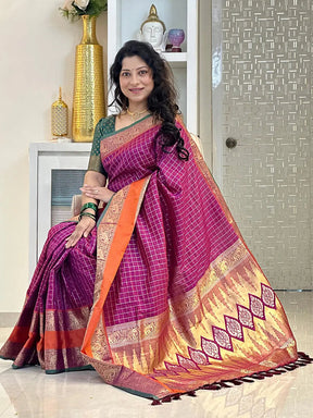 Stunning wine Banarasi silk saree with ornate zari patterns