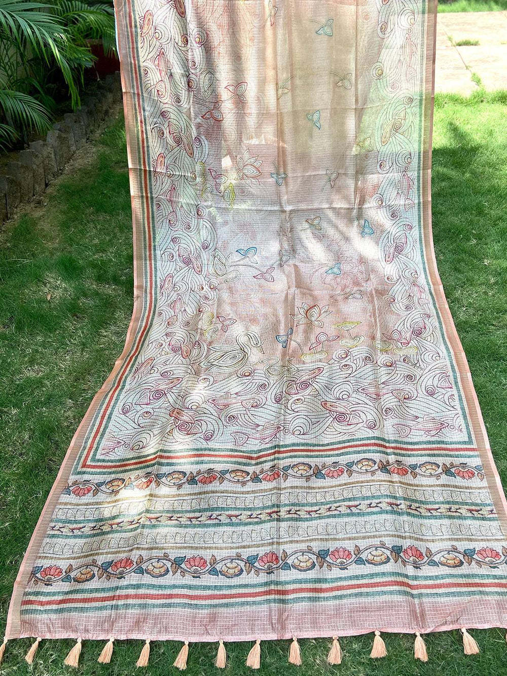 Peach Kota Doriya Silk Saree With Flower Kalamkari Print