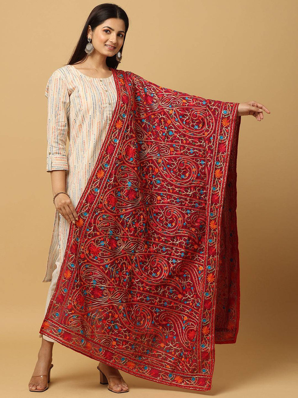 Elegant wine poly chiffon pashmina dupatta with threadwork