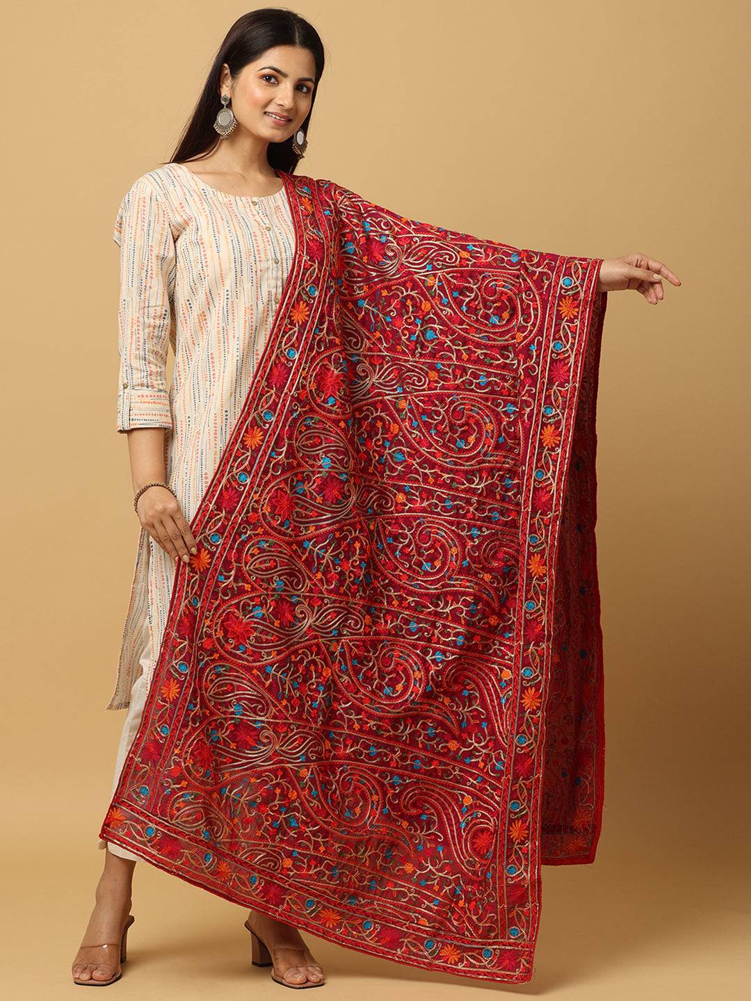 Beautiful Wine Poly Chiffon Pashmina Threadwork Dupatta