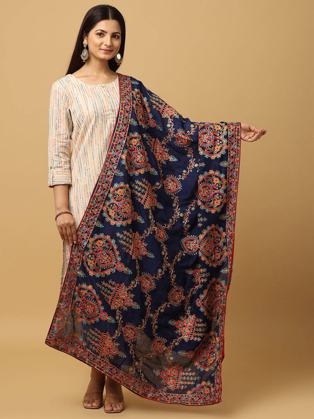Navy Poly Chiffon Pashmina Dupatta with Threadwork