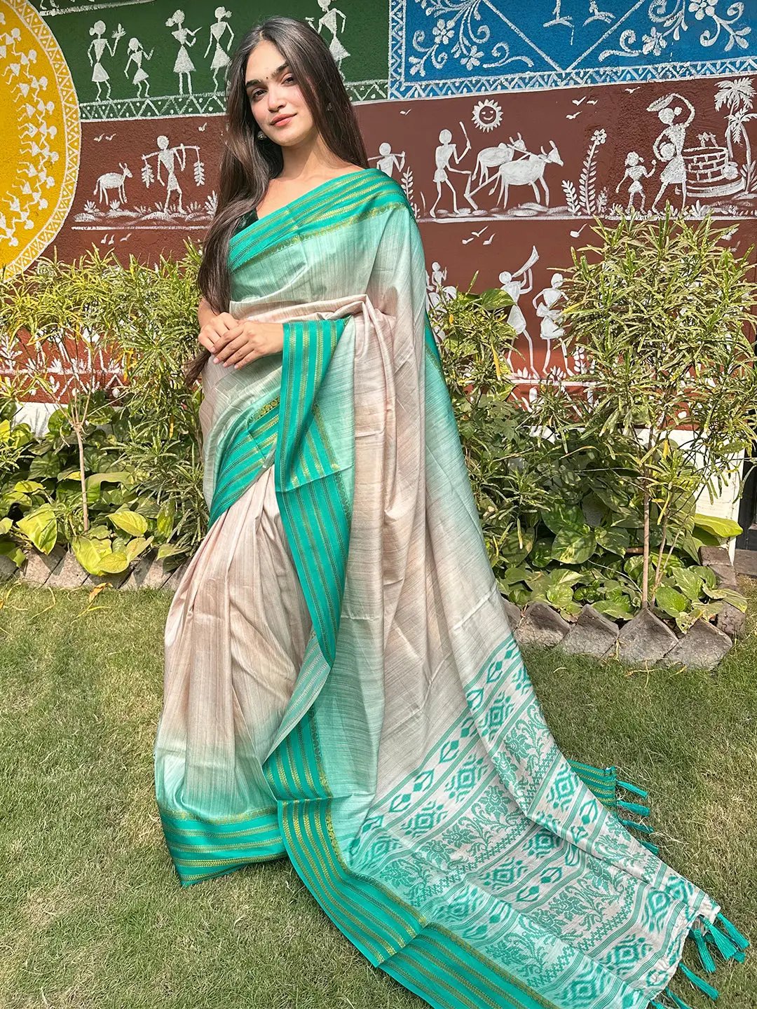 Stylish Ikkat Motifs Ghicha Saree with Paisley Design