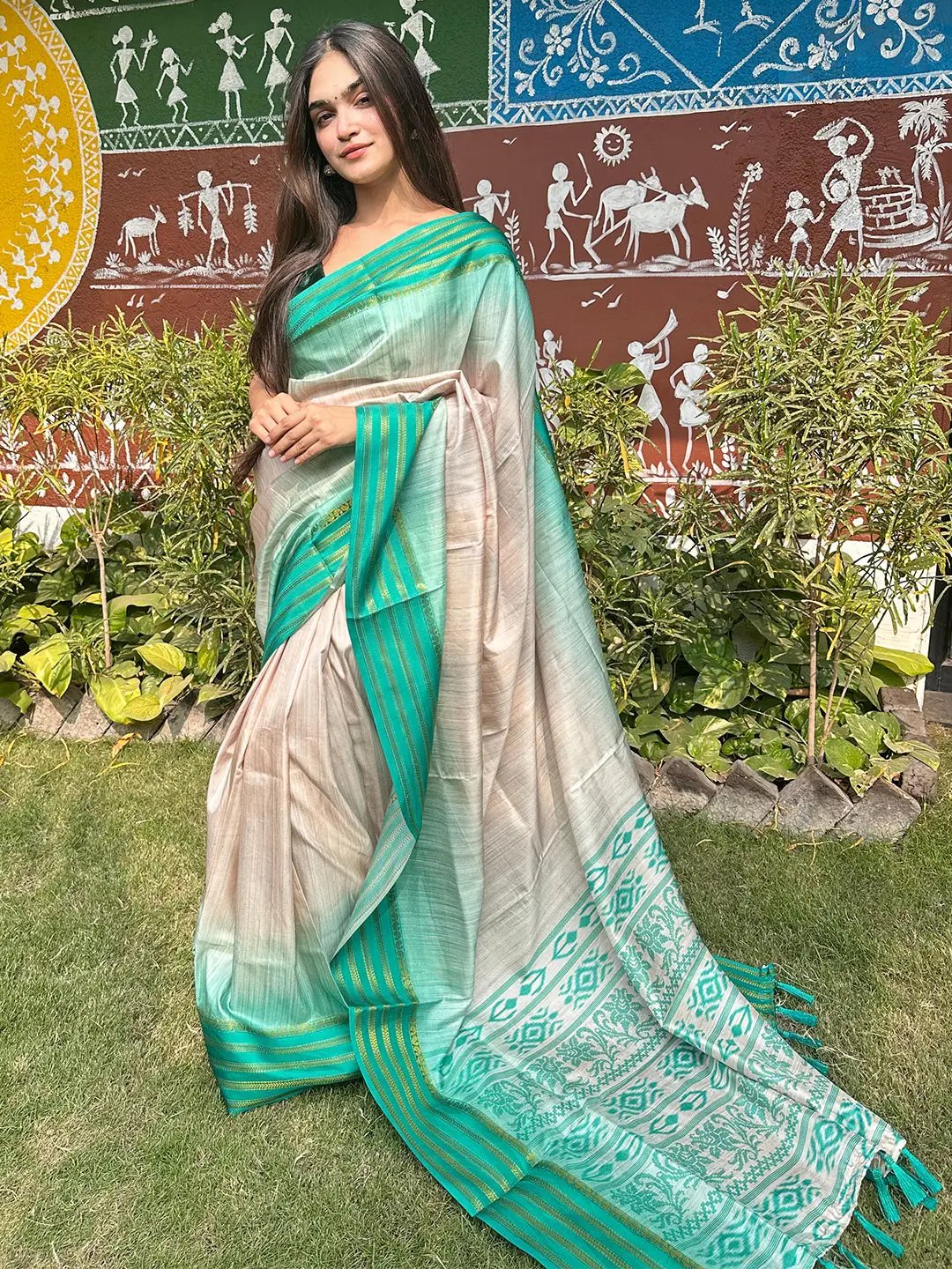 Exclusive Ikkat Motifs Ghicha Saree with Paisley Print