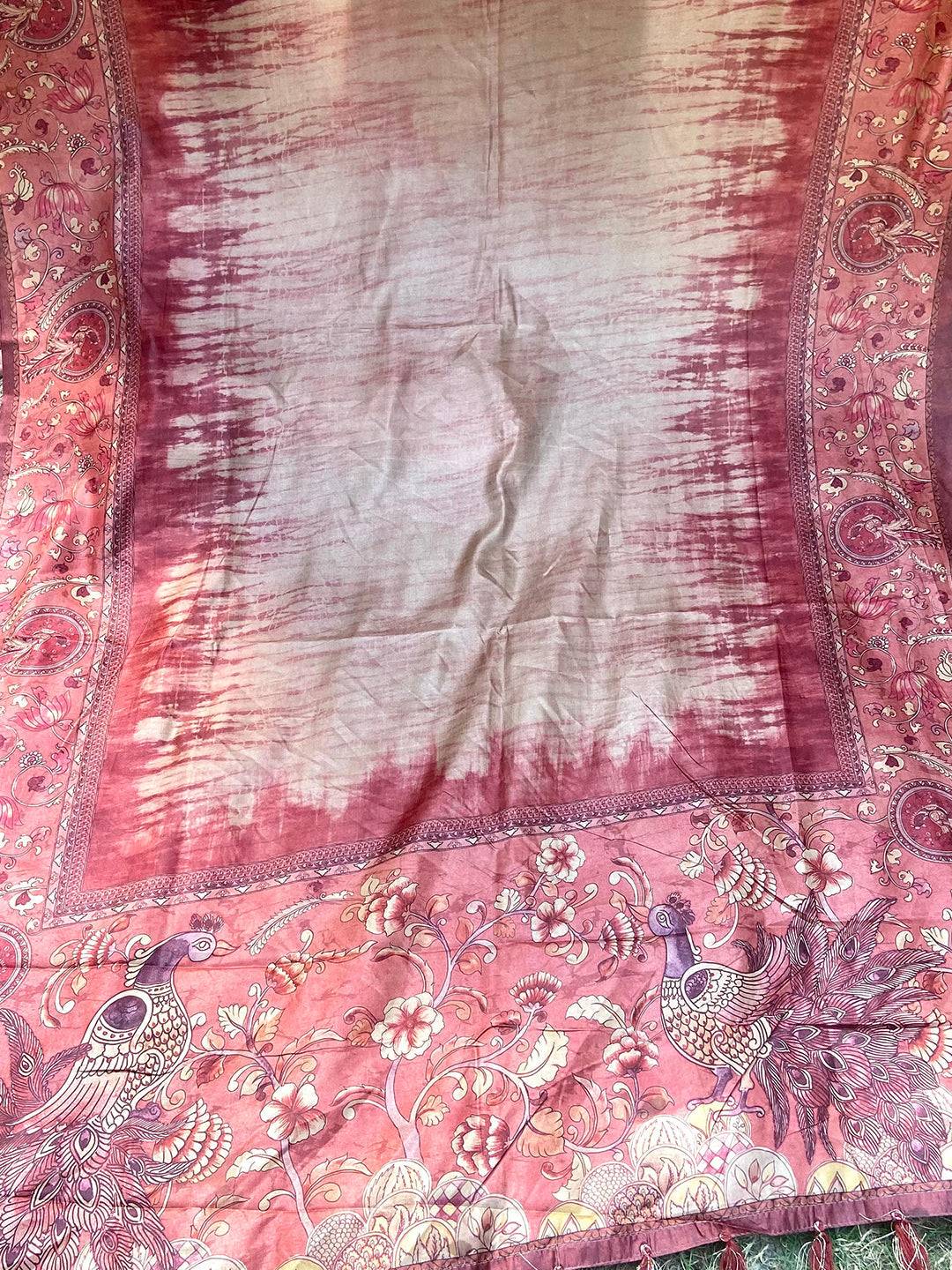 Maroon Colour Tussar Silk Saree With Batik and Kalamkari Print Border