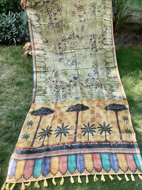 Full view of light green Kota Doriya silk saree with floral and palm design