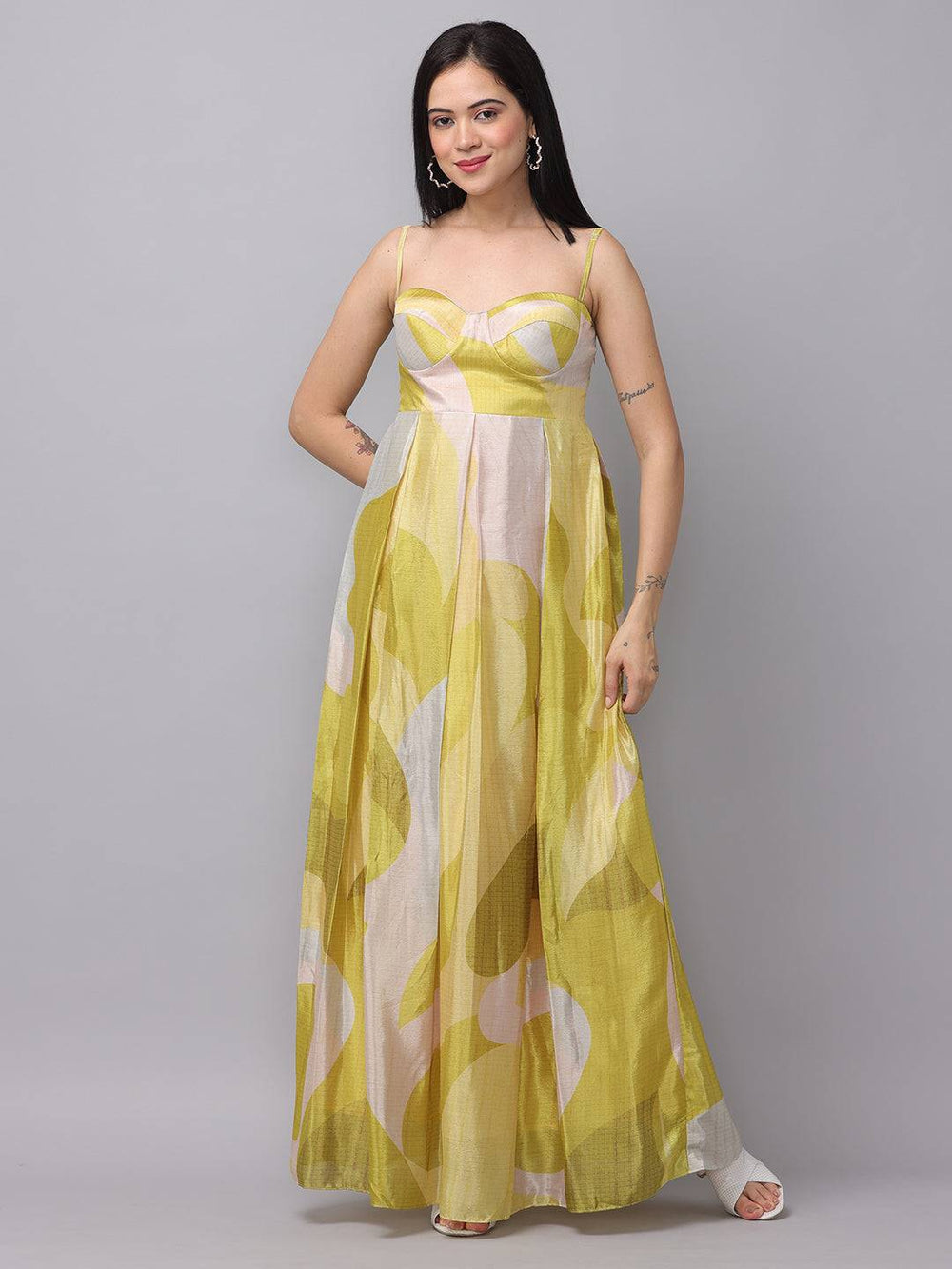 Front view of Spring Green Abstract Print Dress