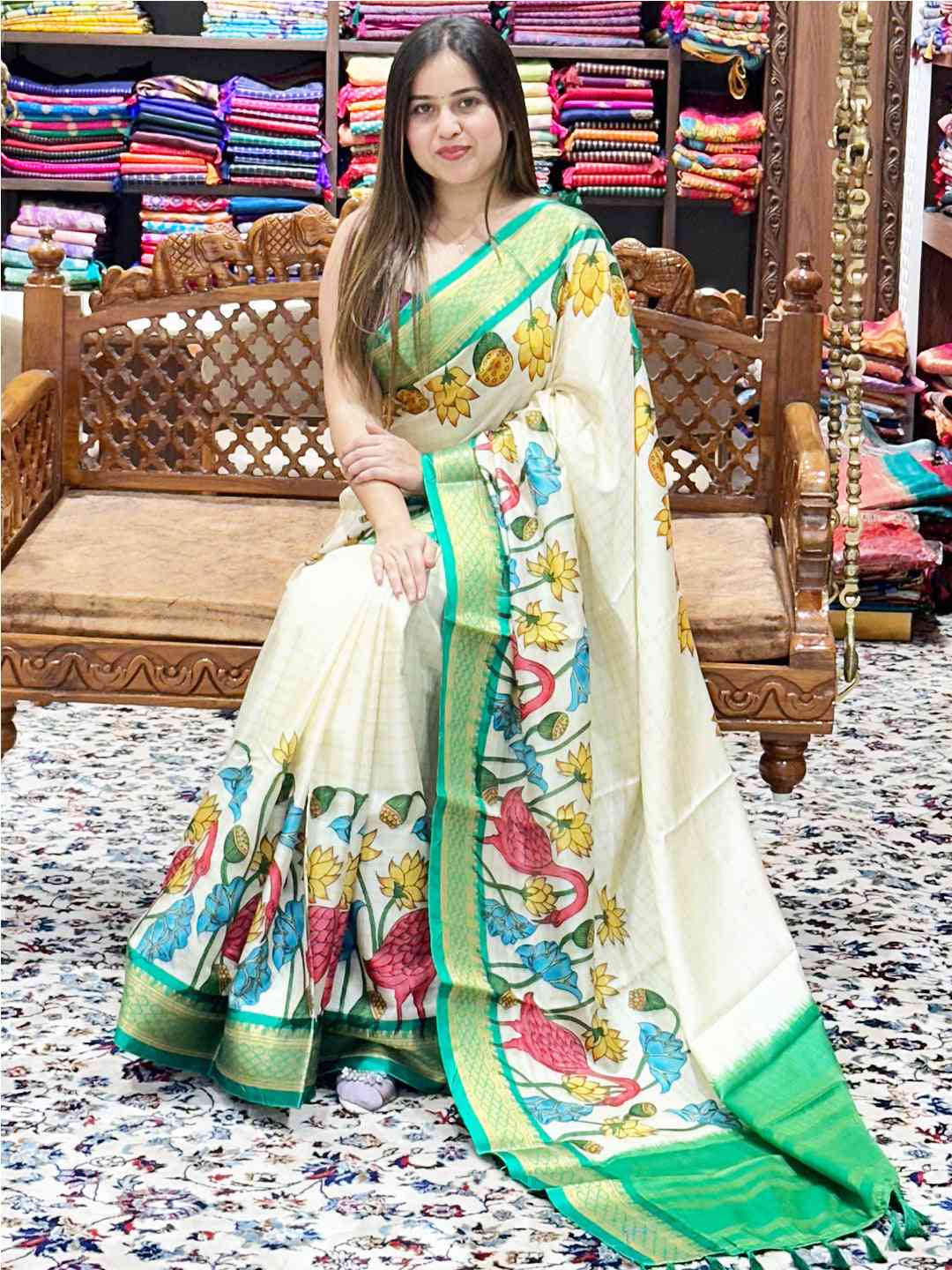 Rama Colour Uppada Silk Saree with vibrant Kalamkari print
