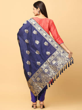 Back view of silk blend dark blue dupatta with intricate woven design