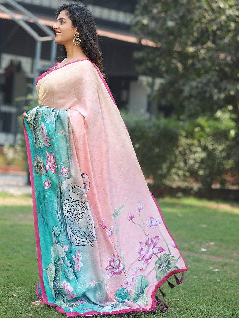 Stylish Satin Georgette Light Peach Colour Hand Print Saree