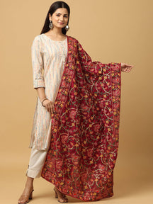 Wine poly chiffon pashmina dupatta with threadwork design