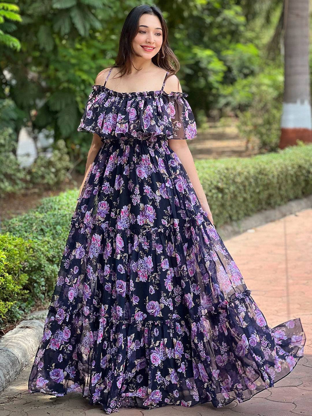 Elegant georgette floral dress with off-shoulder design