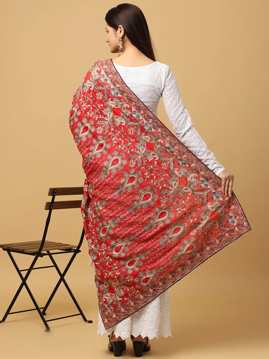 Back view of red poly chiffon dupatta with ethnic motifs