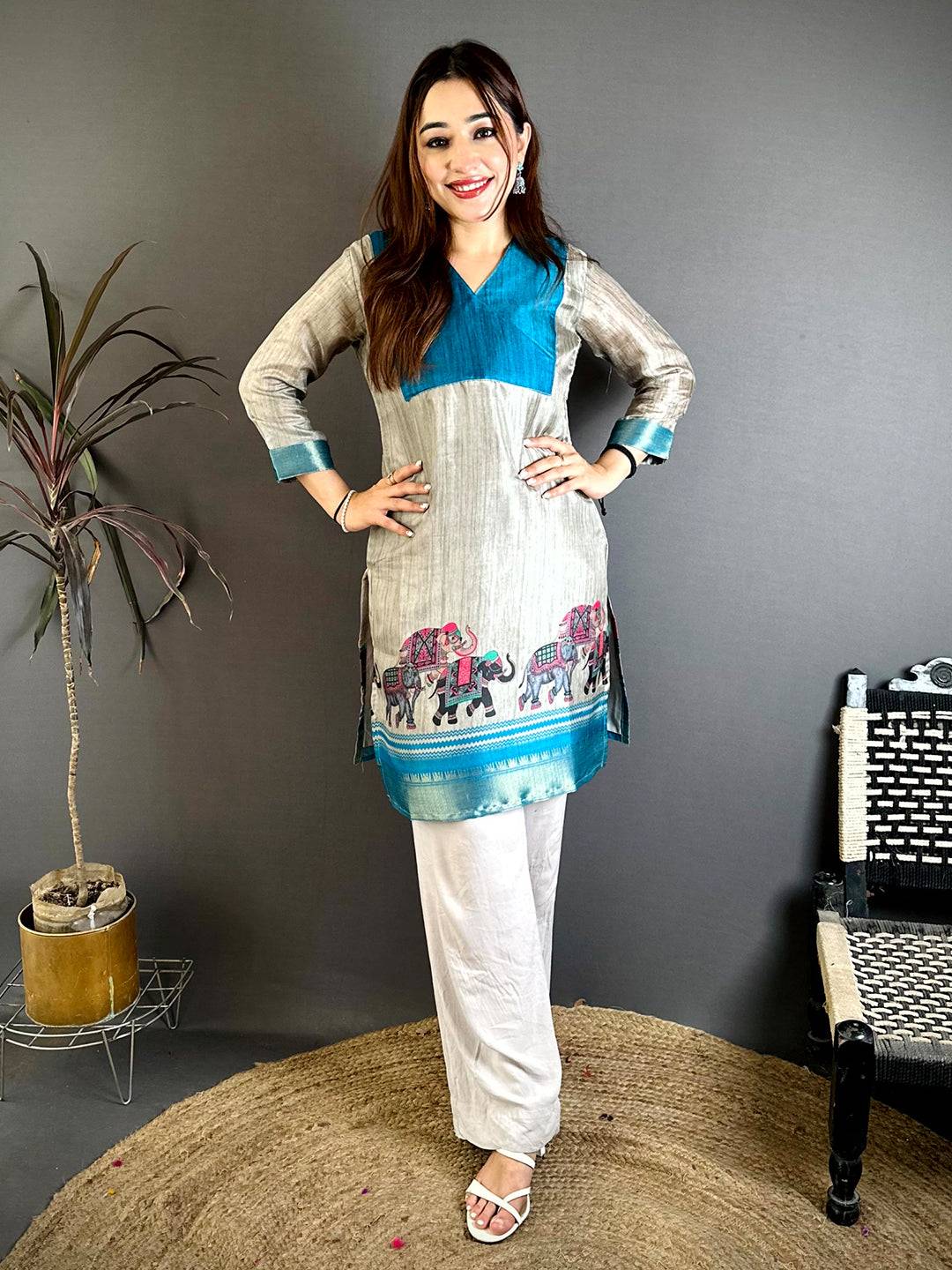 Elegant Soft Dola Silk V-Neck Flared Kurti
