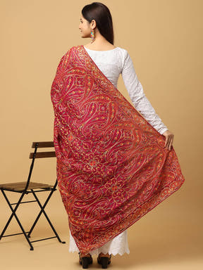 Back view of wine color chiffon dupatta with intricate embroidery.