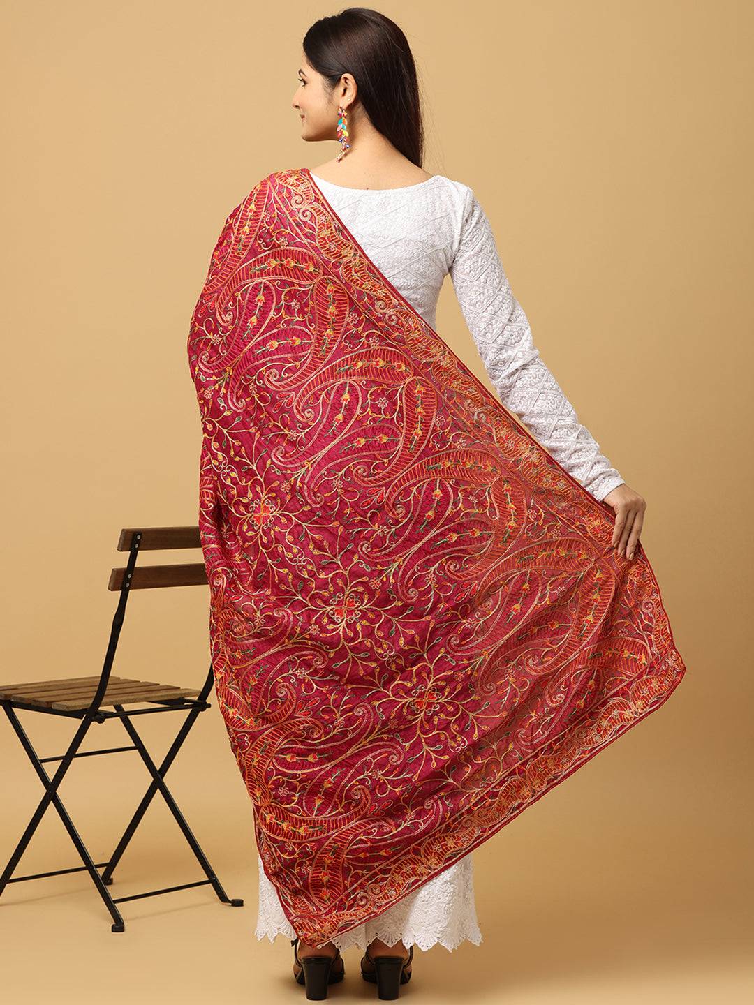 Back view of wine color chiffon dupatta with intricate embroidery.
