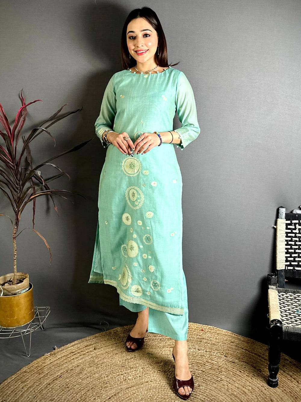 Mint Aura Floral Handwork Suit Set