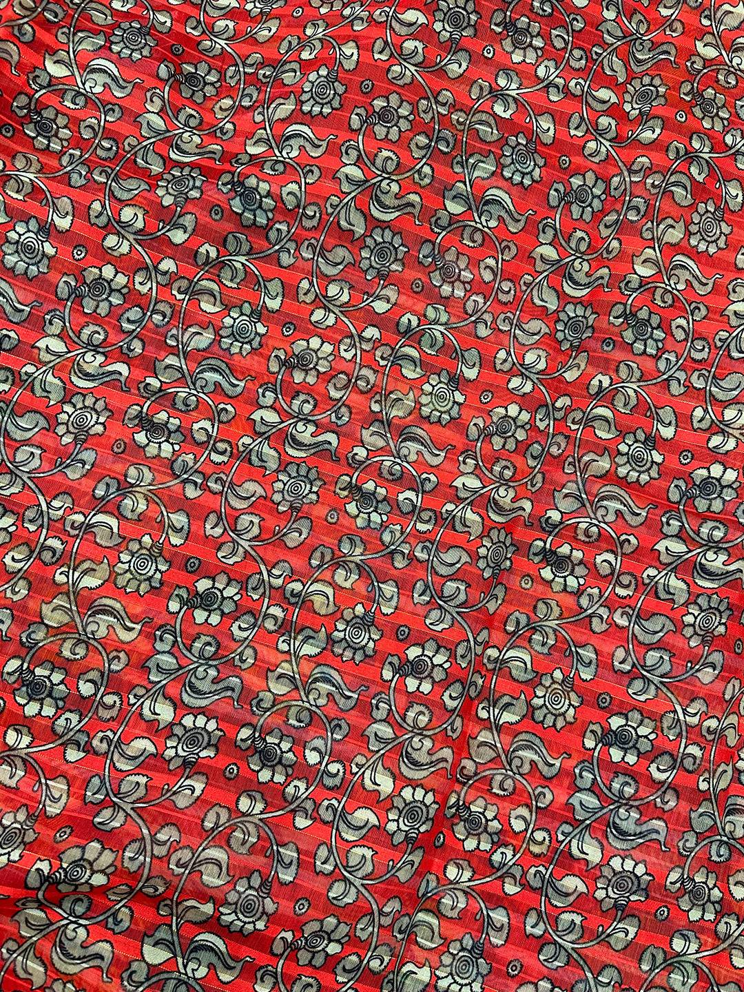 Red floral pattern on Kalamkari Linen Saree