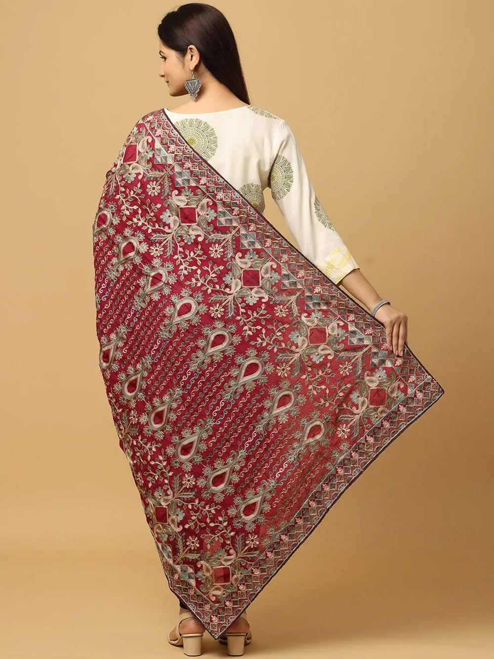 Back view of wine poly chiffon pashmina threadwork dupatta