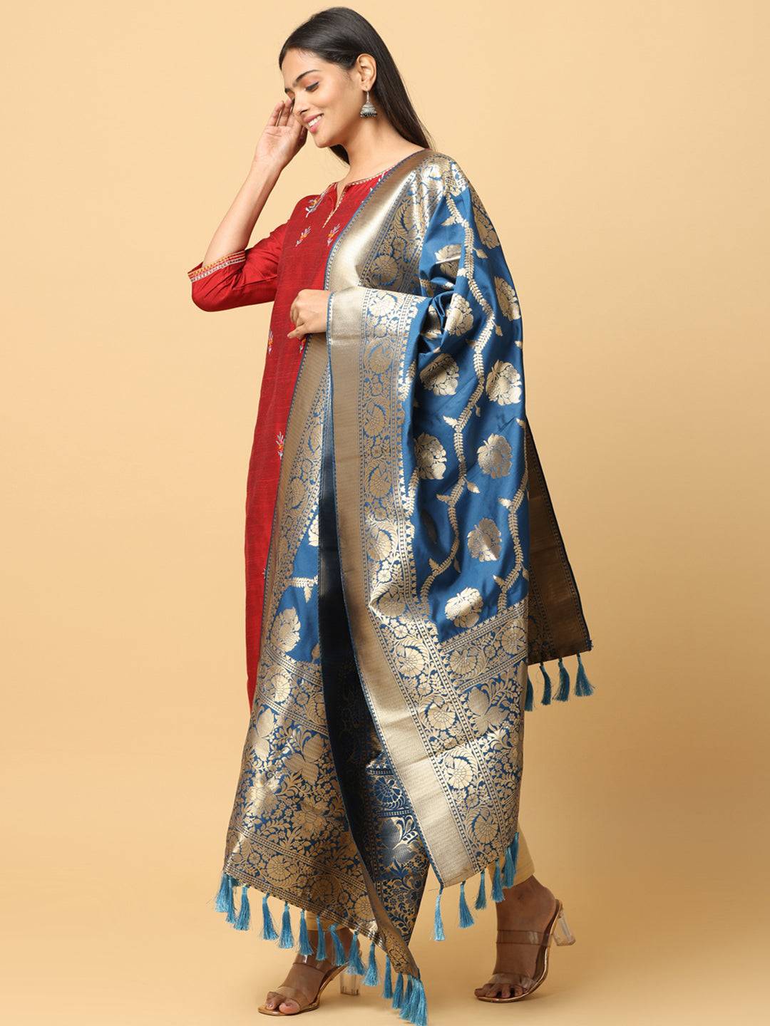 Stylish Royal Blue Silk Blend Dupatta with Gold Patterns