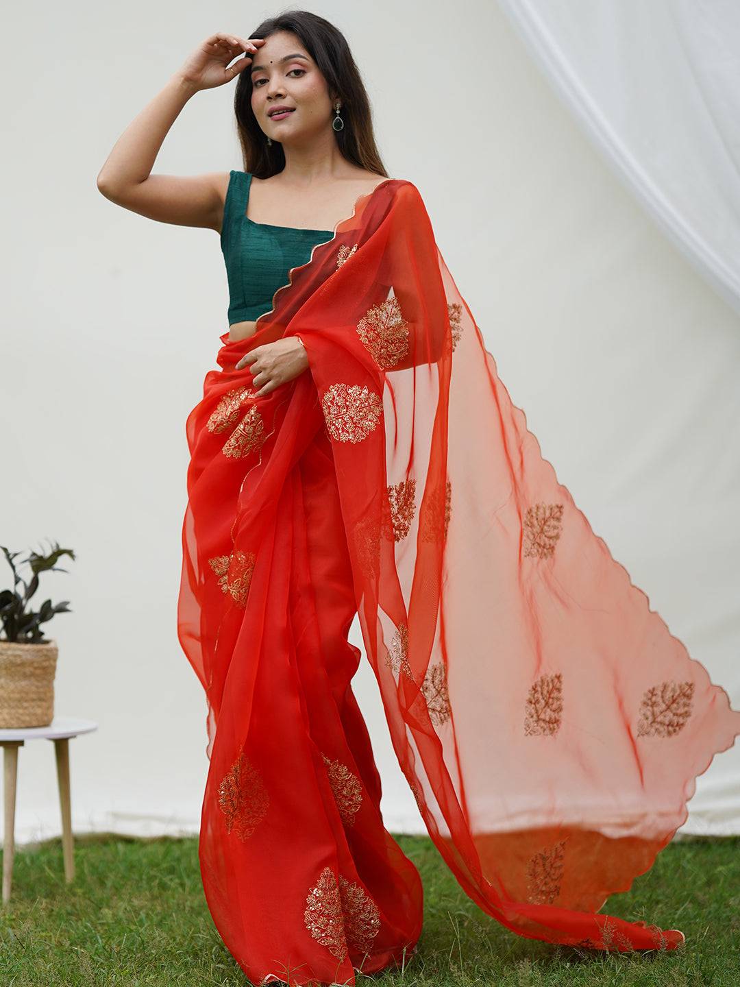 Red Soft Organza Silk Saree With Embroidery Sequence Work