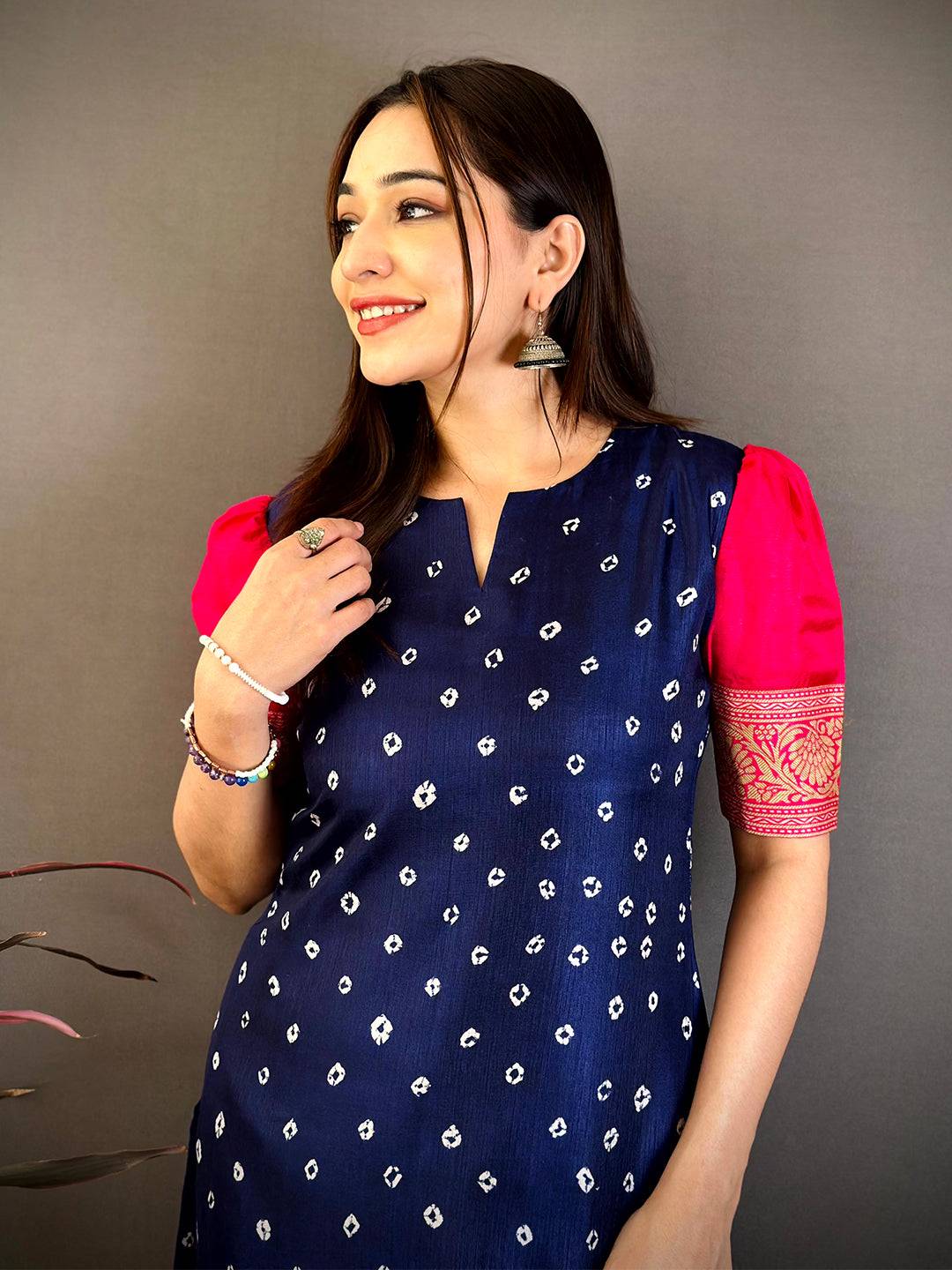 Navy Soft Dola Silk Round Slit Neck Kurti