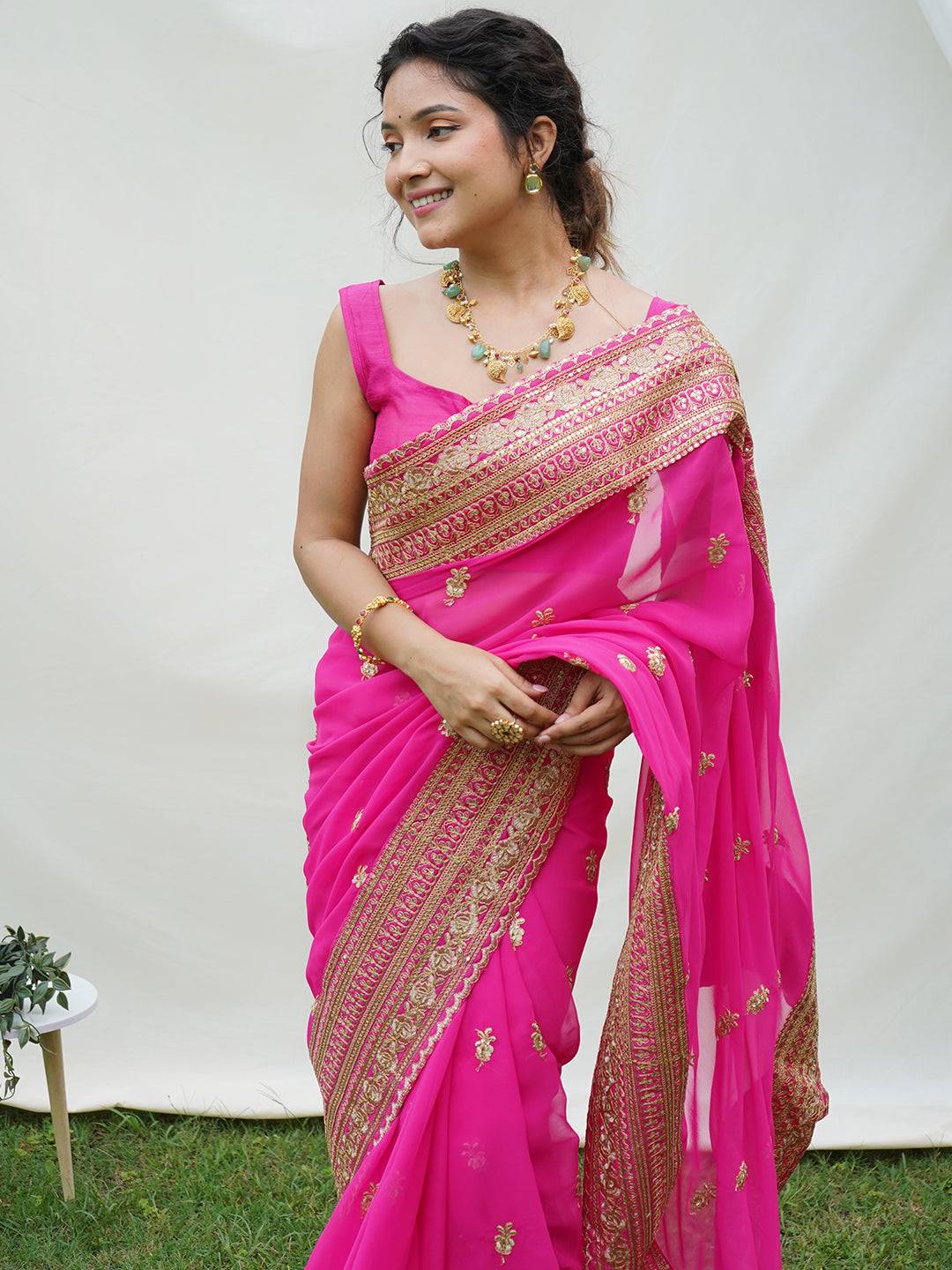 Georgette Saree with Embroidery & Luxurious Raw Silk Blouse