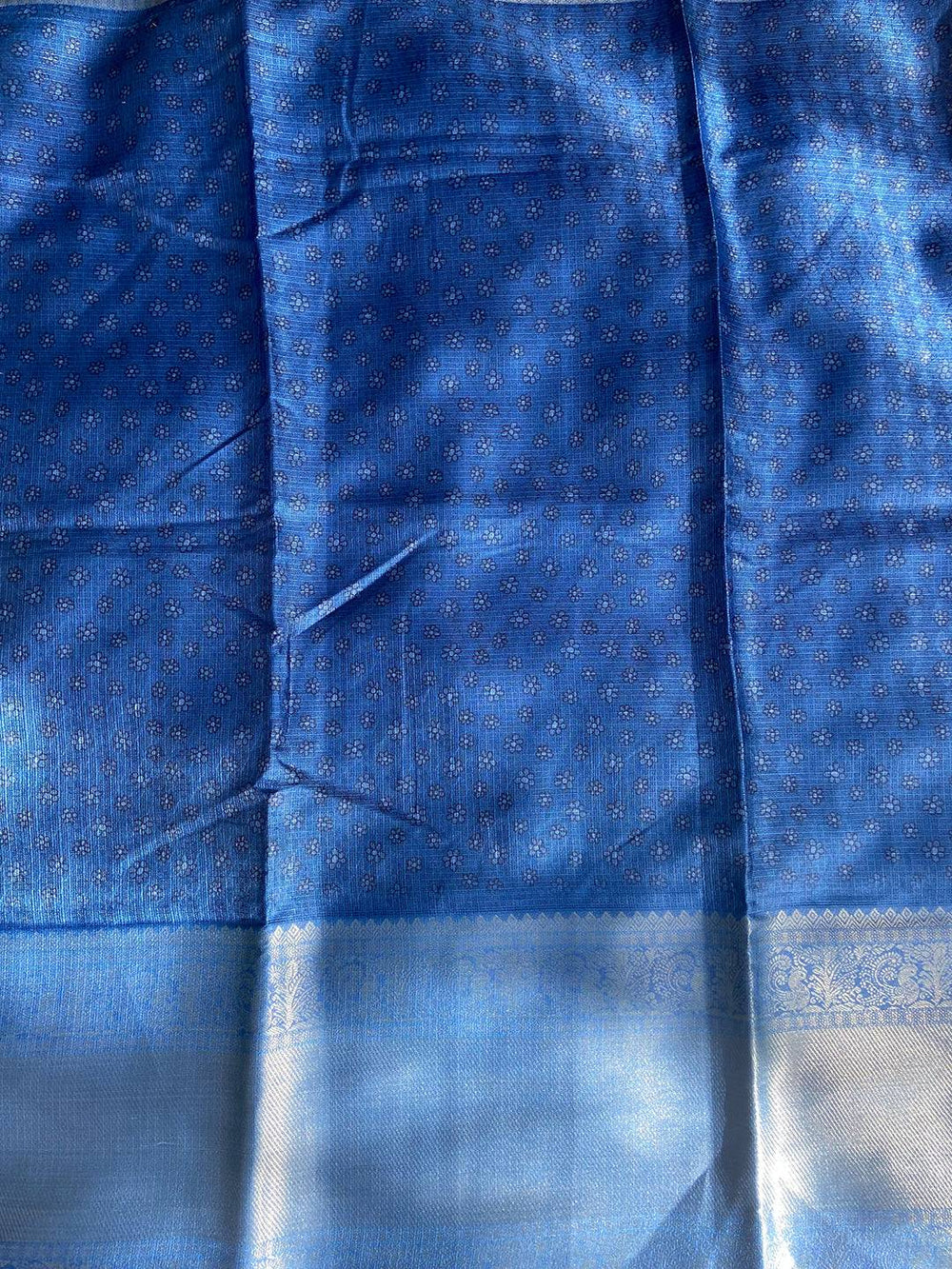 Blue patterned section of Muvel Kota Doriya saree with subtle design
