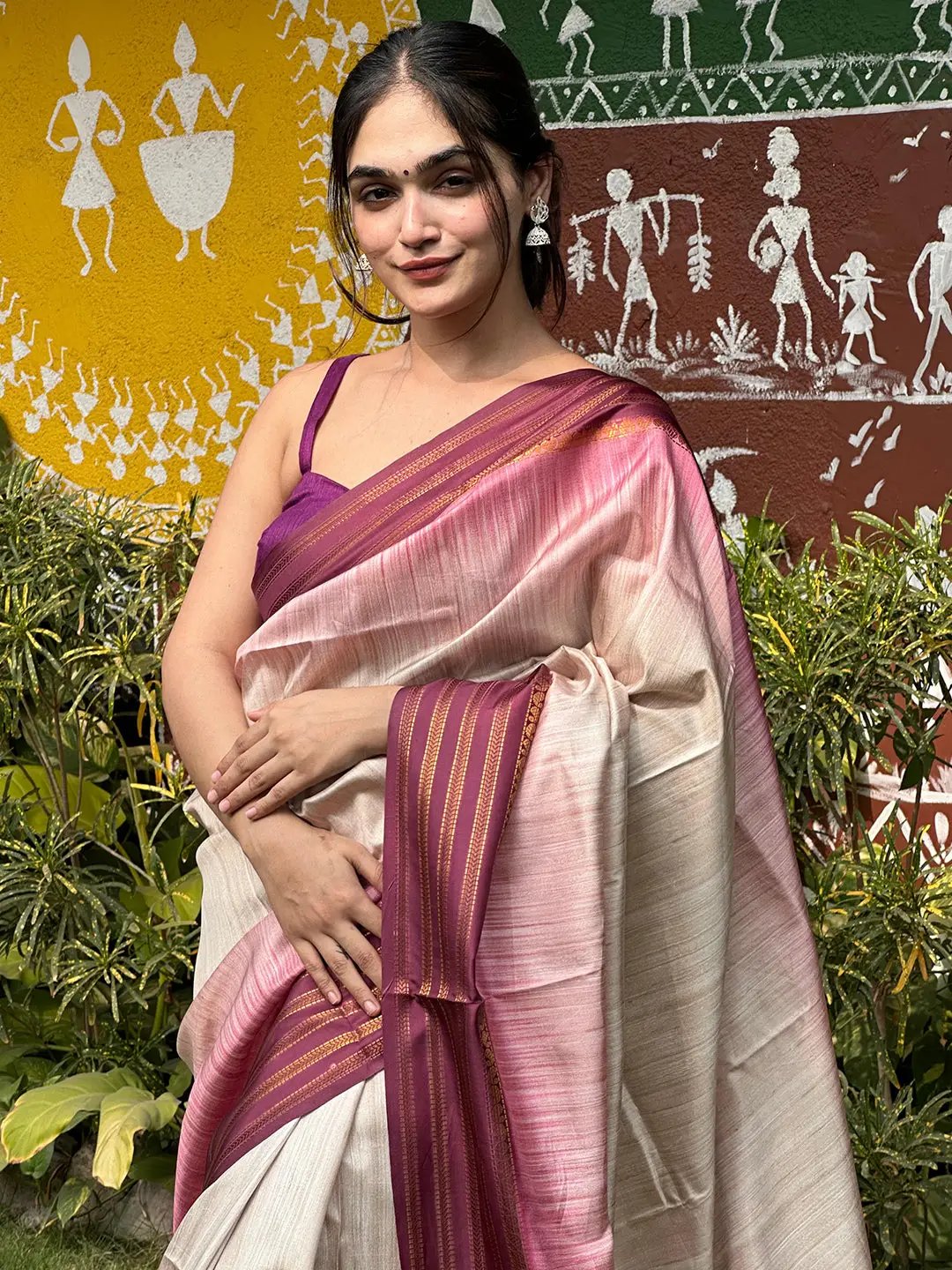 Wine Colour Ikkat Motifs & Paisley Prints on Ghicha Saree